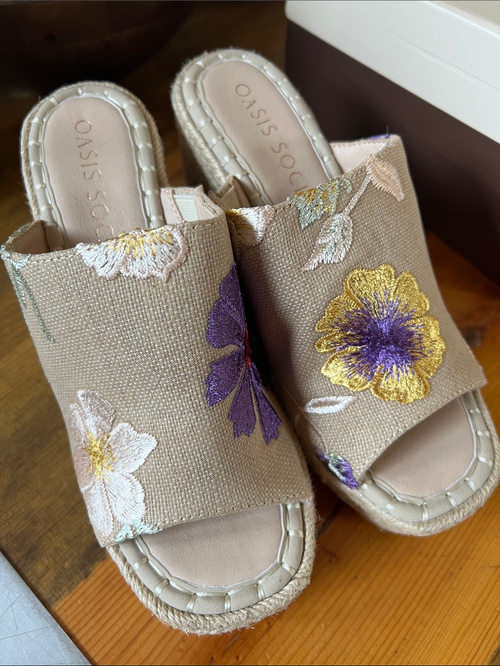 Oasis Society Beige Floral Embroidered Raina Slide Mules